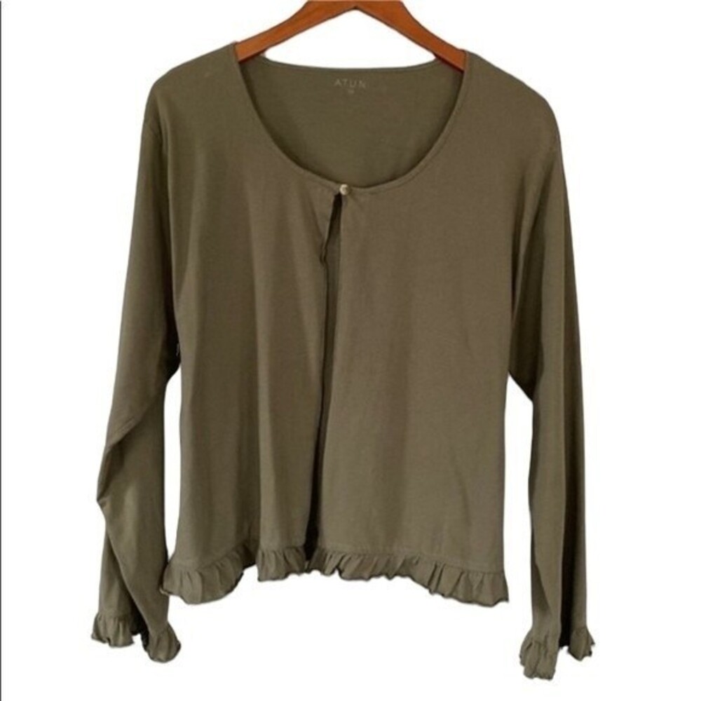 A.T.U.N. Ruffle Hem Open Front Evie Cardigan Long Sleeve Scoop Neck Cotton Olive
